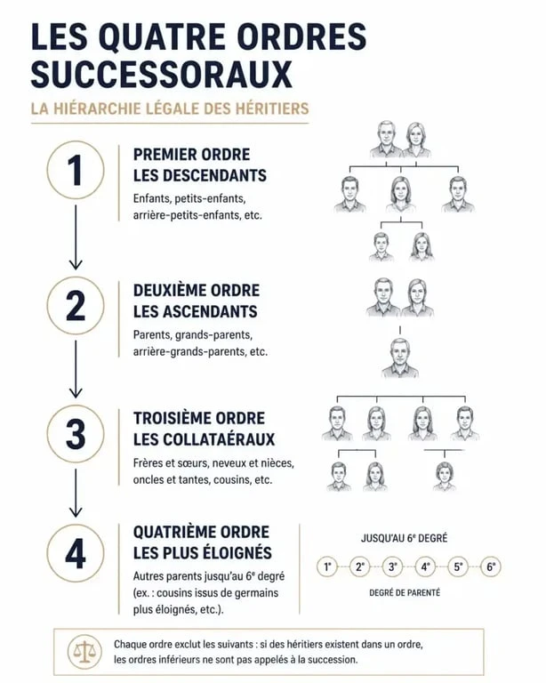 Schéma de la hiérarchie des ordres de dévolution successorale pour comprendre qui hérite en priorité