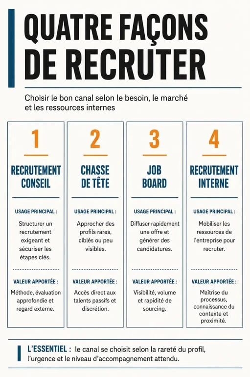 Infographie sur le recrutement conseil et les différences avec la chasse de tête, le job board et le recrutement interne