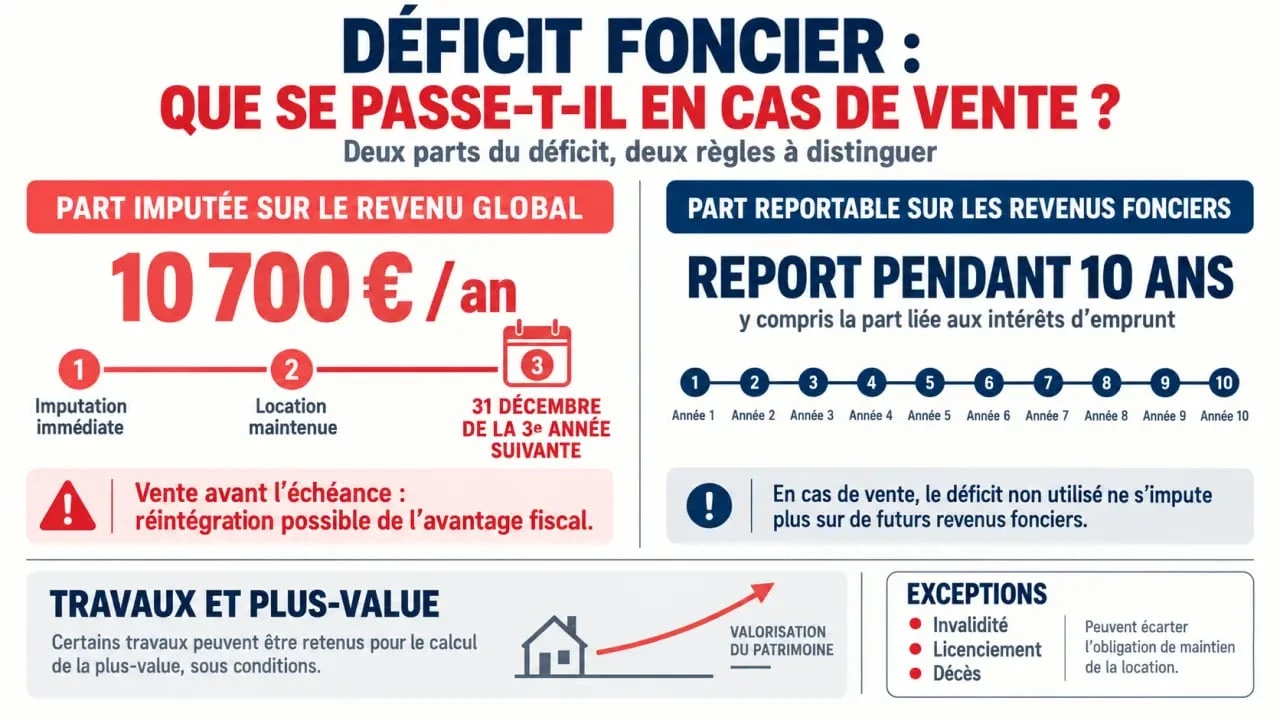 Infographie expliquant que devient le déficit foncier en cas de vente et le délai de location de trois ans