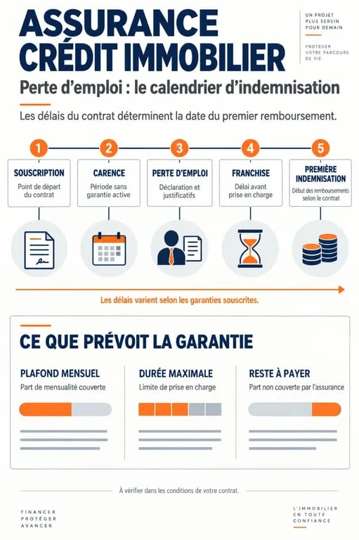 Infographie sur l’assurance crédit immobilier perte d’emploi, la carence, la franchise et les plafonds d’indemnisation