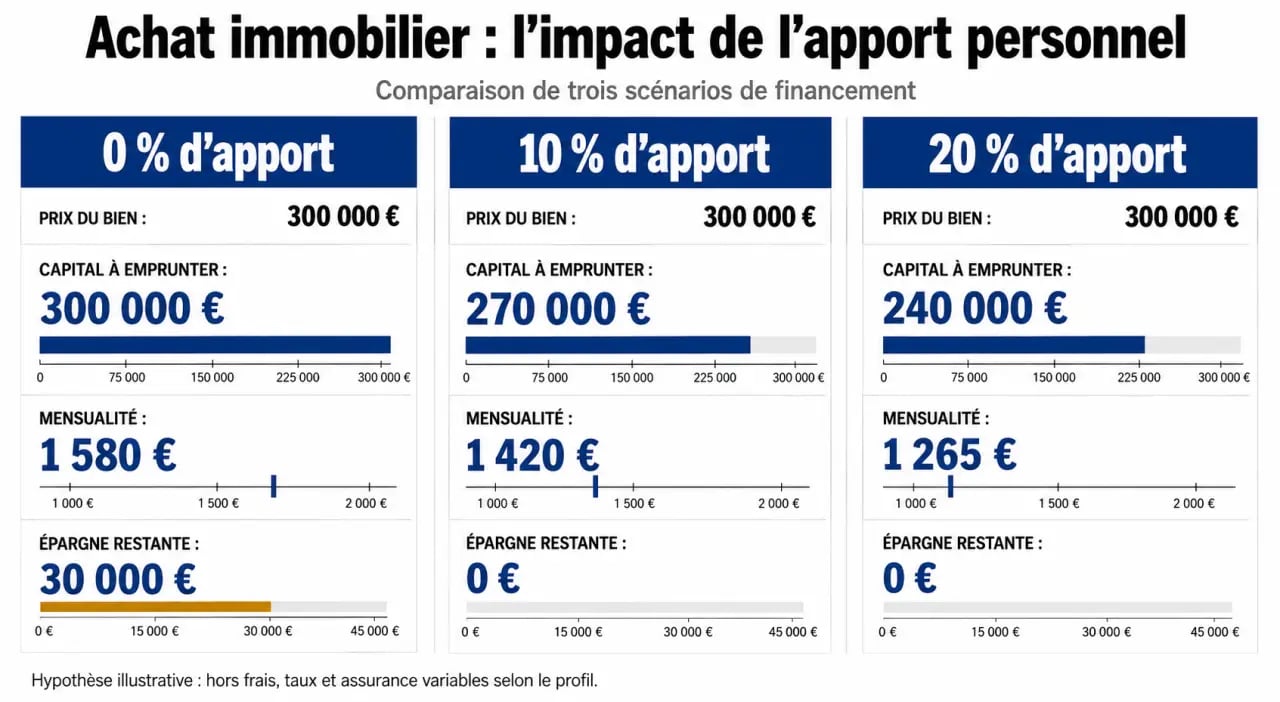 Optimiser son apport personnel pour un achat immobilier réussi : comparaison visuelle de 0 %, 10 % et 20 % d’apport sur la mensualité et la réserve de sécurité