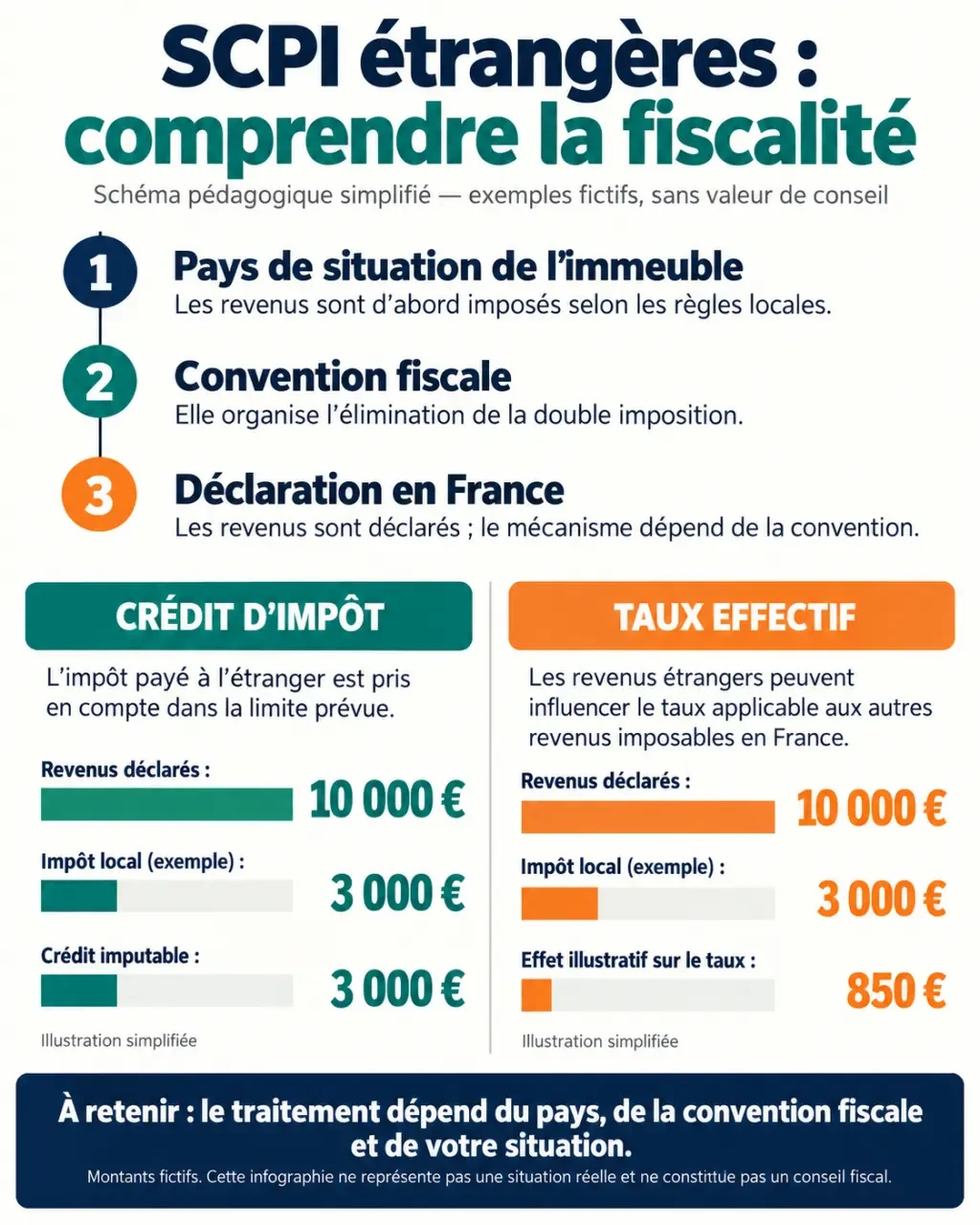 Infographie sur la fiscalité des SCPI étrangères, le crédit d’impôt et le taux effectif