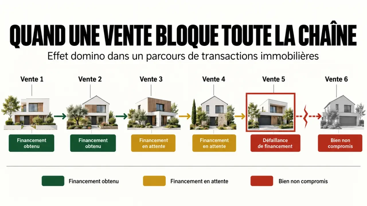Infographie sur les risques d'une vente en cascade immobilière et l'effet domino entre les transactions
