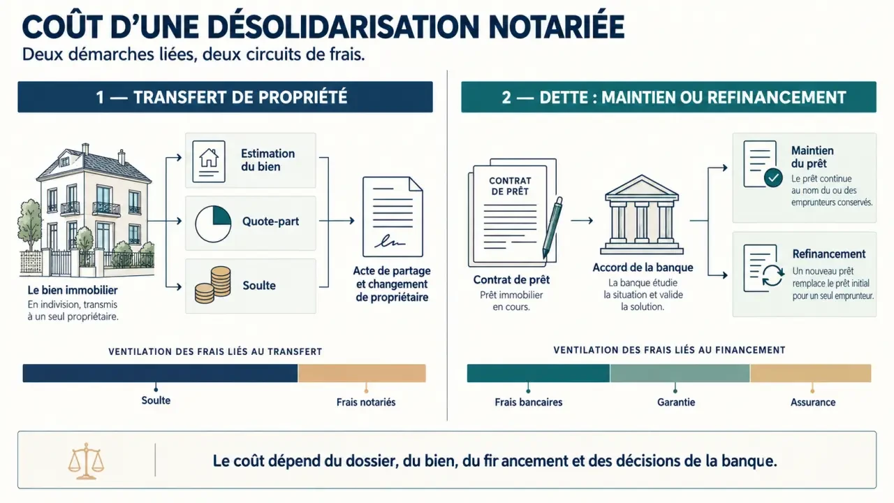 Acte de désolidarisation notaire prix : ventilation de la soulte, des frais notariés et du crédit bancaire
