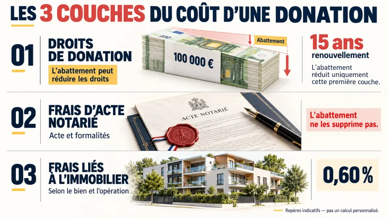 Infographie du simulateur frais de donation distinguant droits, frais notariés et frais immobiliers